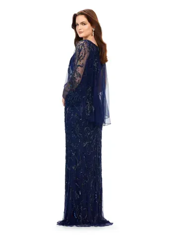 Ashley Lauren 11214 Long Prom Fully Hand Beaded Crew Neckline High Back Overlay Fitted Evening Dress - Image 5