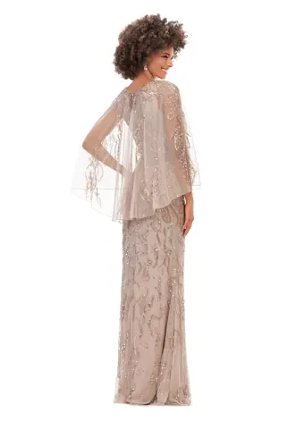 Ashley Lauren 11214 Long Prom Fully Hand Beaded Crew Neckline High Back Overlay Fitted Evening Dress - Image 6