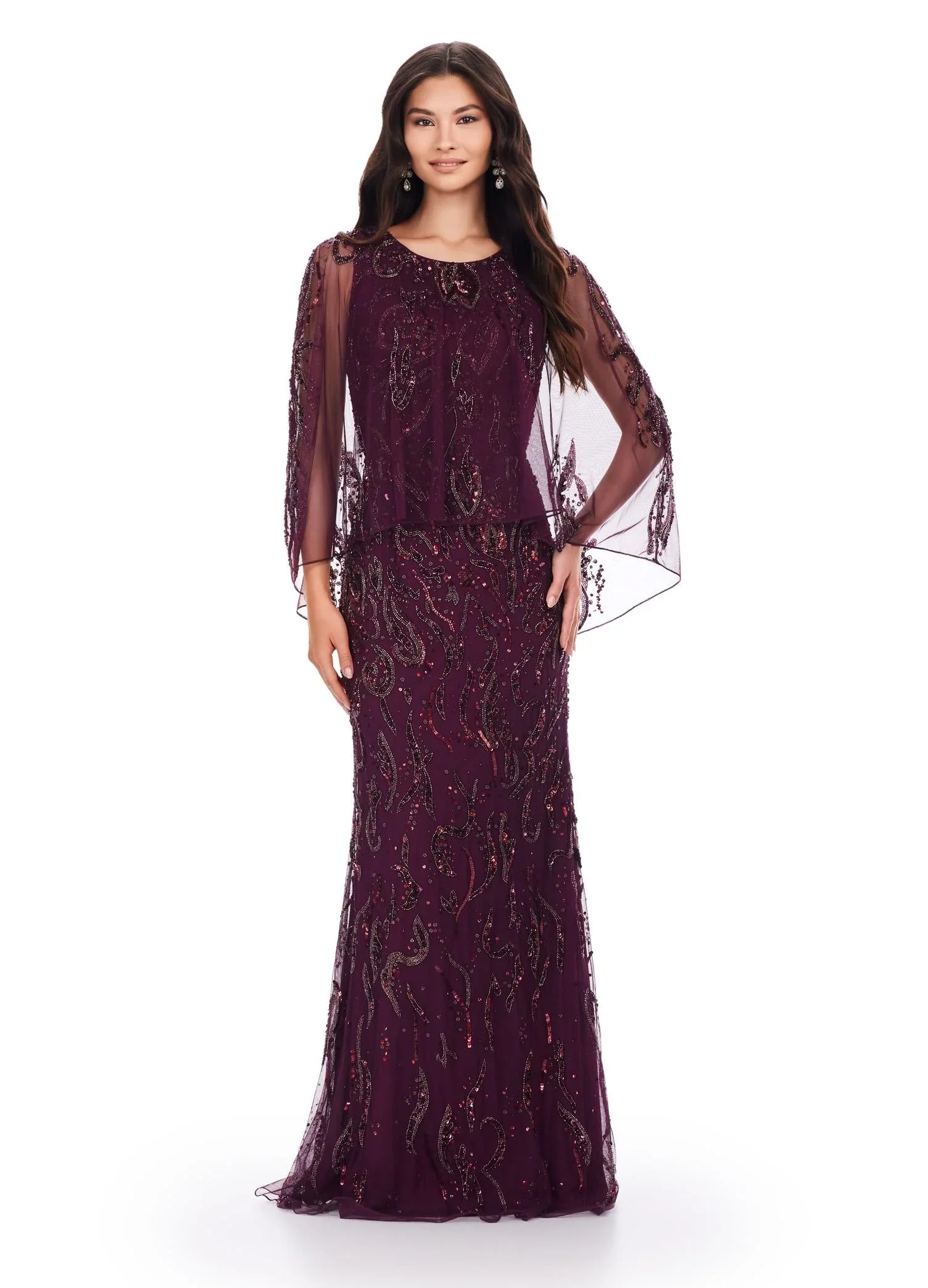 Ashley Lauren 11214 Long Prom Fully Hand Beaded Crew Neckline High Back Overlay Fitted Evening Dress - Image 8
