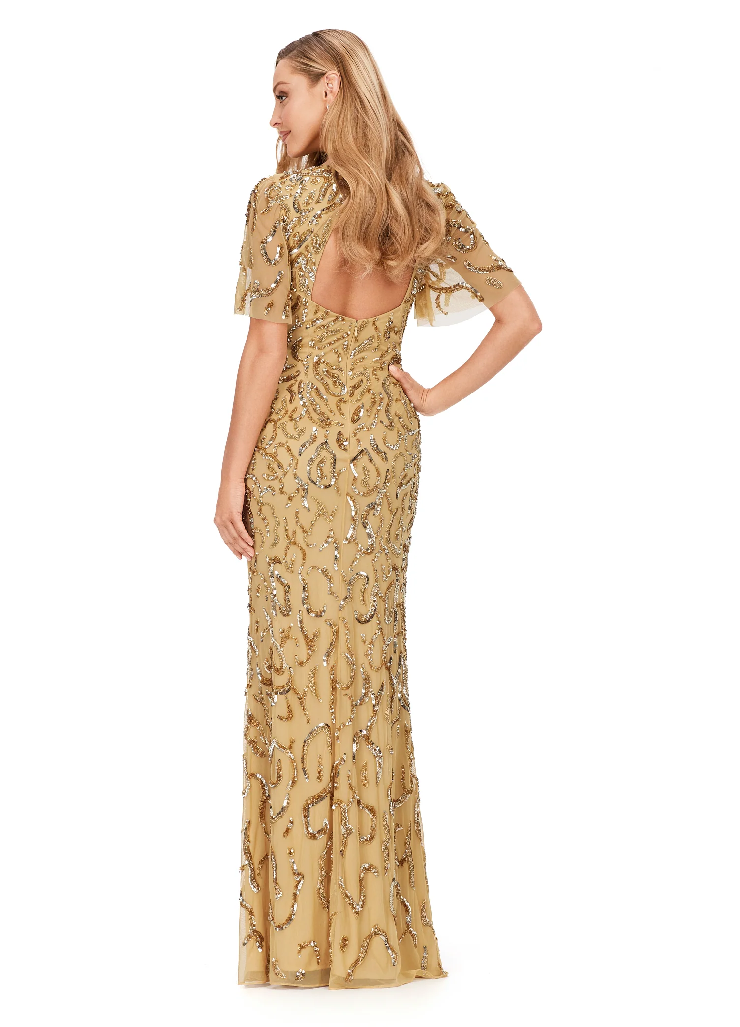 Ashley Lauren 11216 Long Evening Gown Butterfly Sleeve Fully Beaded Crew Neckline Keyhole Back Evening Dress - Image 5