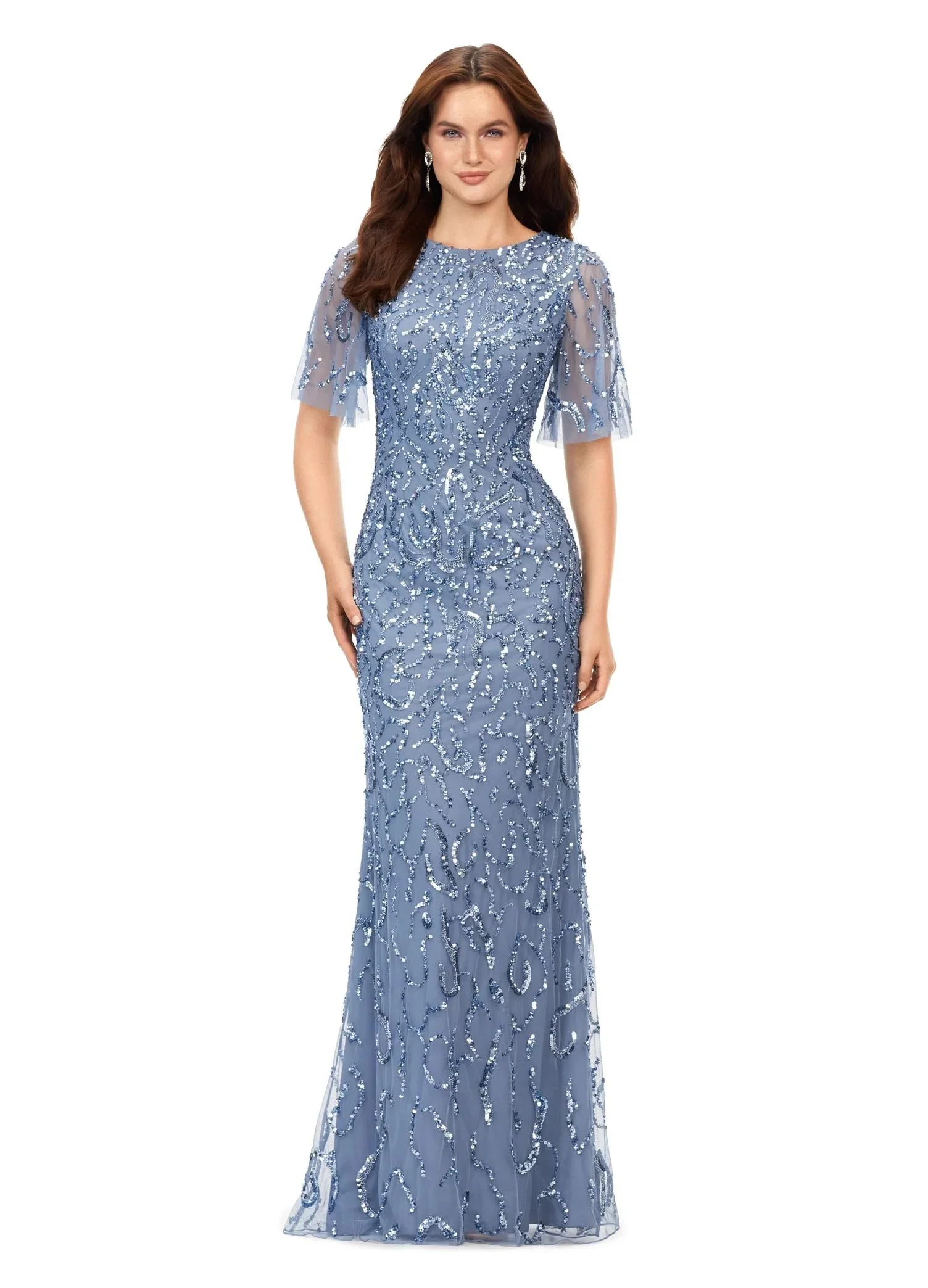 Ashley Lauren 11216 Long Evening Gown Butterfly Sleeve Fully Beaded Crew Neckline Keyhole Back Evening Dress - Image 8
