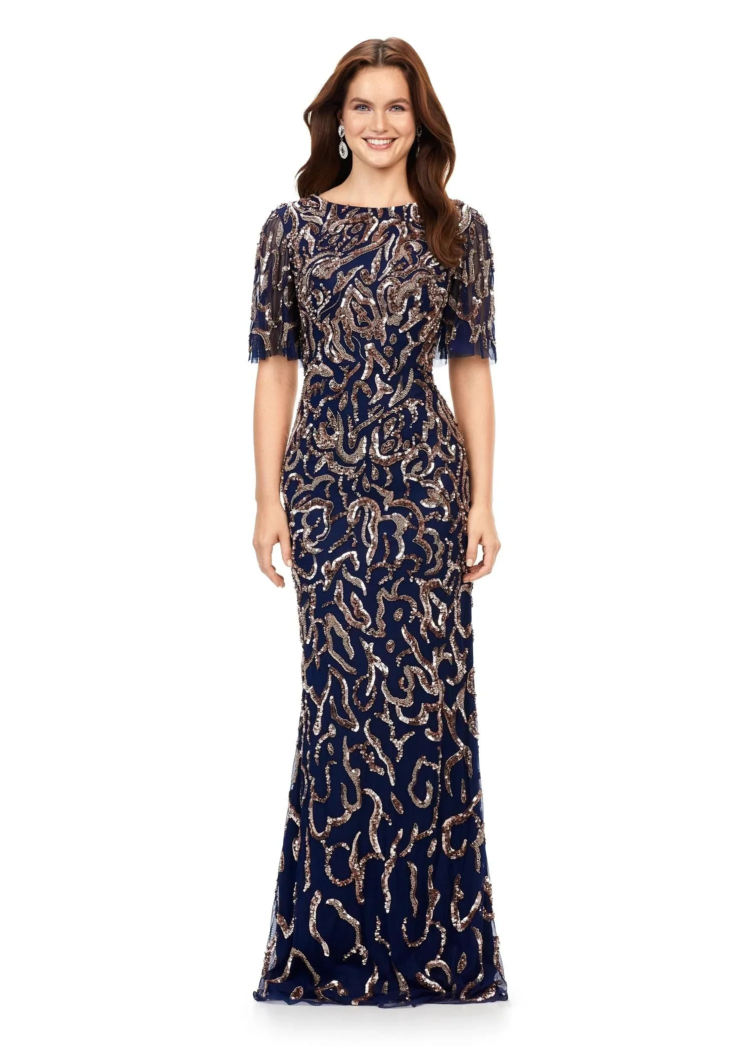 Ashley Lauren 11216 Long Evening Gown Butterfly Sleeve Fully Beaded Crew Neckline Keyhole Back Evening Dress - Image 9