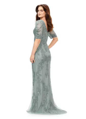 Ashley Lauren 11234 Evening Gown Long Formal Dress V-Neck Puff Sleeve Wrapped Bustier Fully Beaded Sequin - Image 5