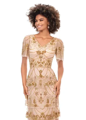 Ashley Lauren 11235 Beaded Evening Gown Long Dress Multi Tiered Sequin V-Neck Butterfly Sleeve - Image 5
