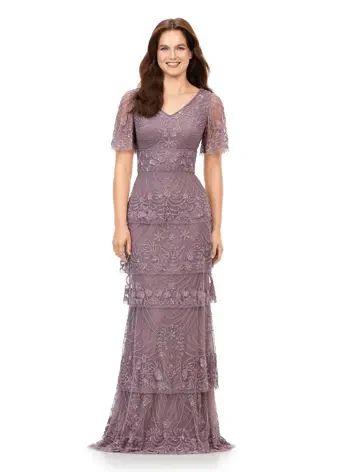 Ashley Lauren 11235 Beaded Evening Gown Long Dress Multi Tiered Sequin V-Neck Butterfly Sleeve - Image 7
