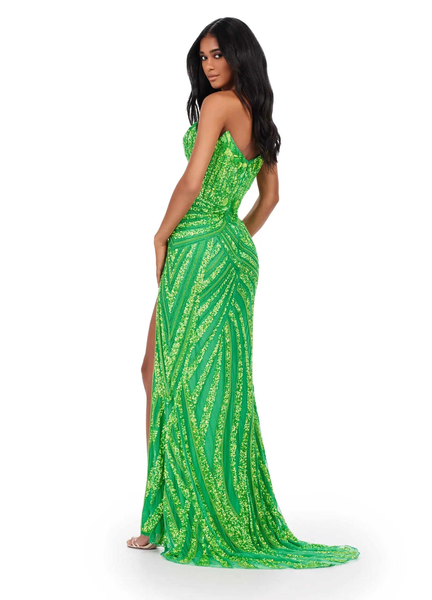 Ashley Lauren 11236 Size 00, 14 Lime Green Prom Dress Long Fitted V Neck Slit Beaded Pageant Gown - Image 2