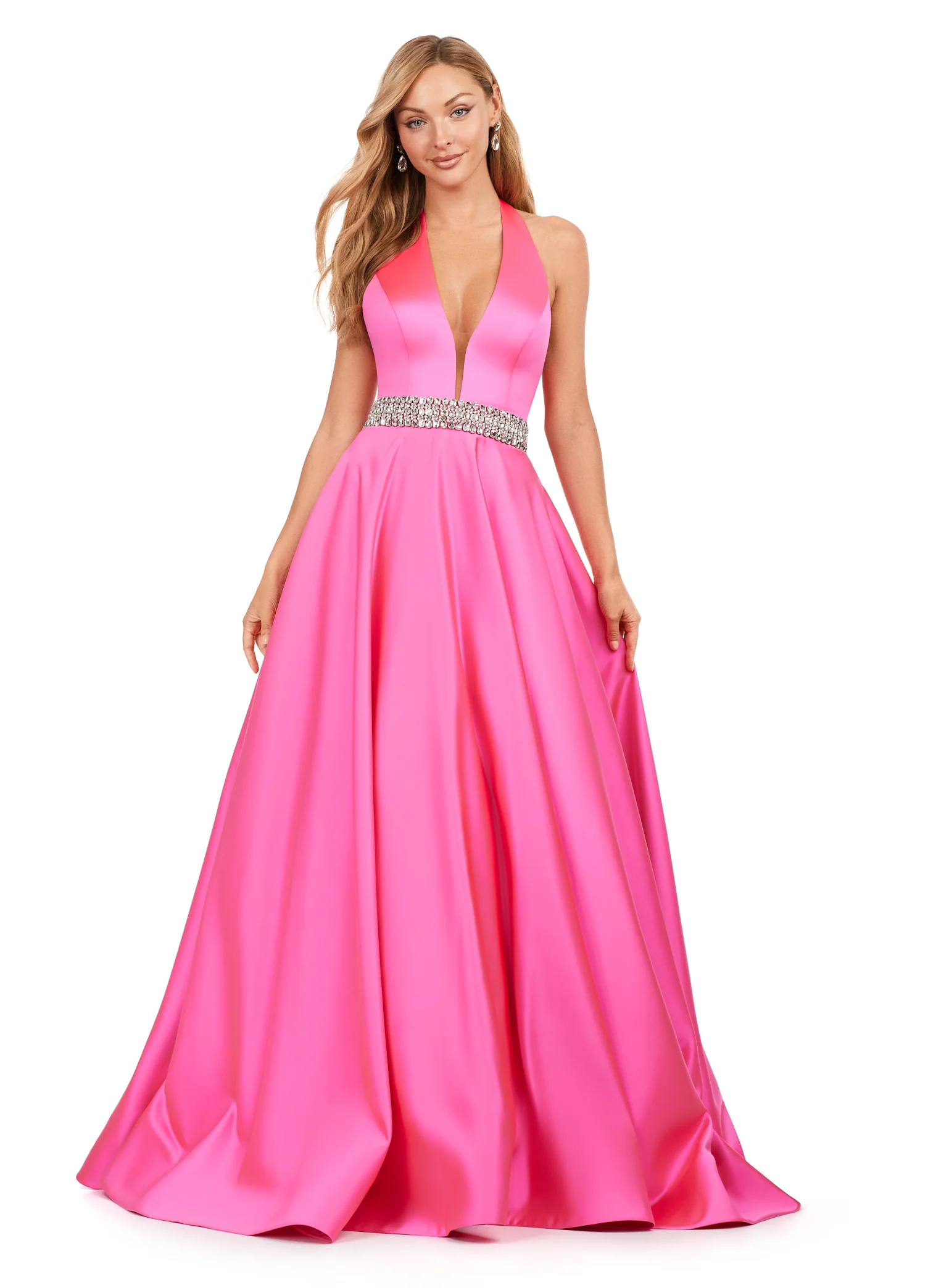 Ashley Lauren 11249 V-Neck Heavy Satin Ballgown Halter Top Open Back Crystal Belt Formal Gown Prom - Image 2