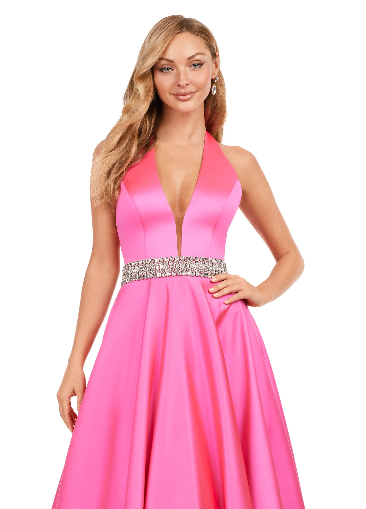 Ashley Lauren 11249 V-Neck Heavy Satin Ballgown Halter Top Open Back Crystal Belt Formal Gown Prom - Image 3