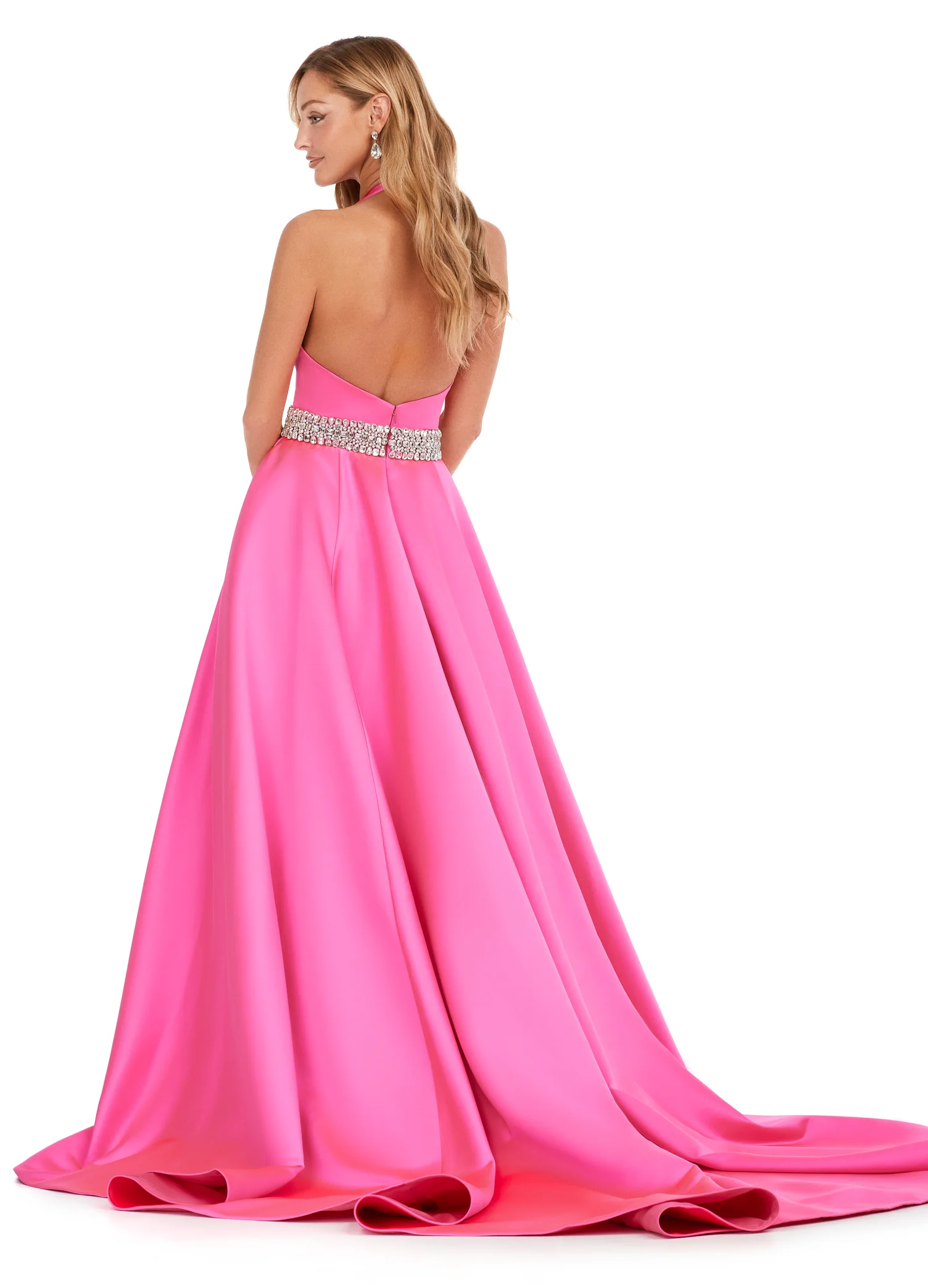 Ashley Lauren 11249 V-Neck Heavy Satin Ballgown Halter Top Open Back Crystal Belt Formal Gown Prom - Image 4
