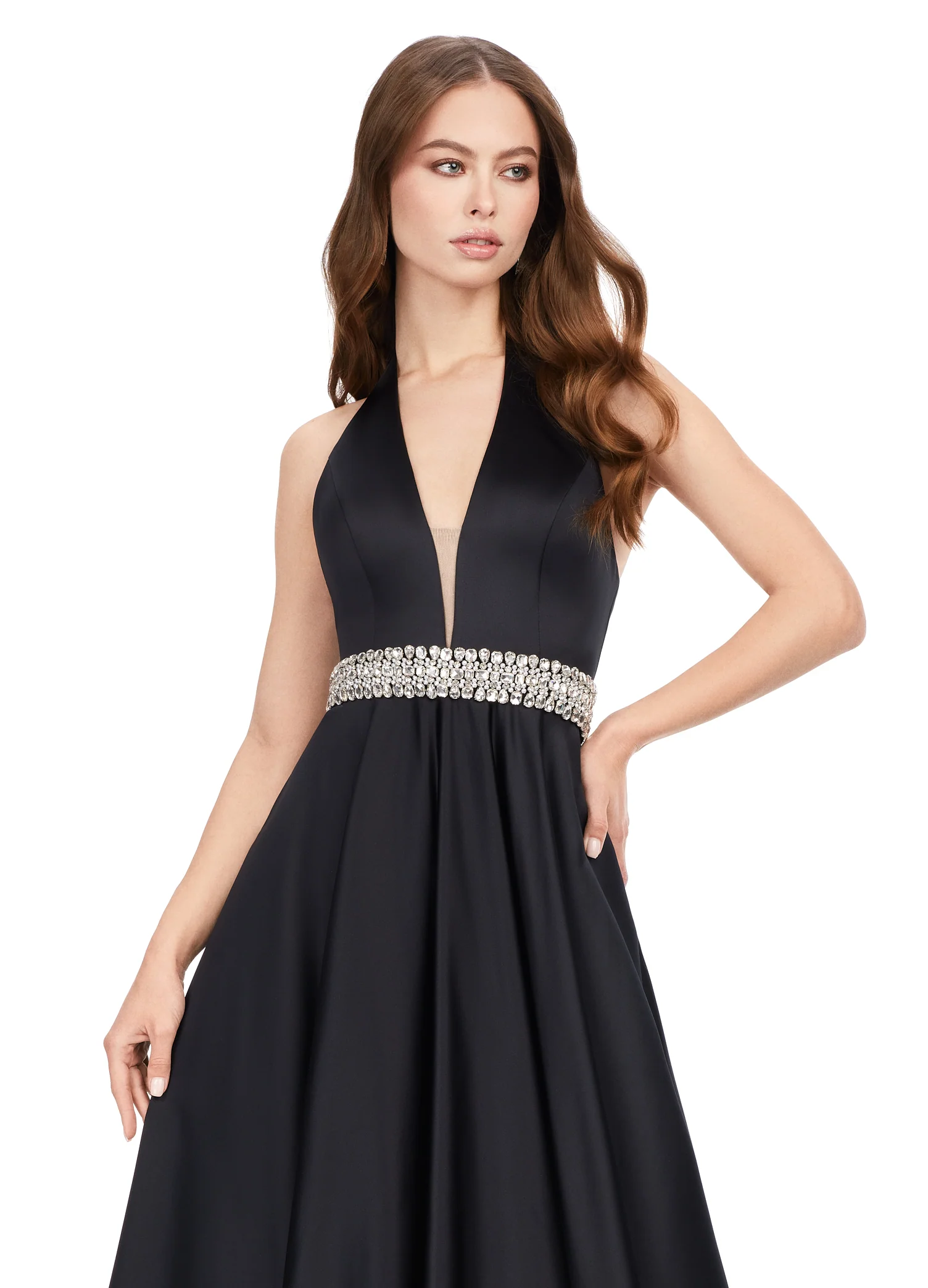 Ashley Lauren 11249 V-Neck Heavy Satin Ballgown Halter Top Open Back Crystal Belt Formal Gown Prom - Image 5