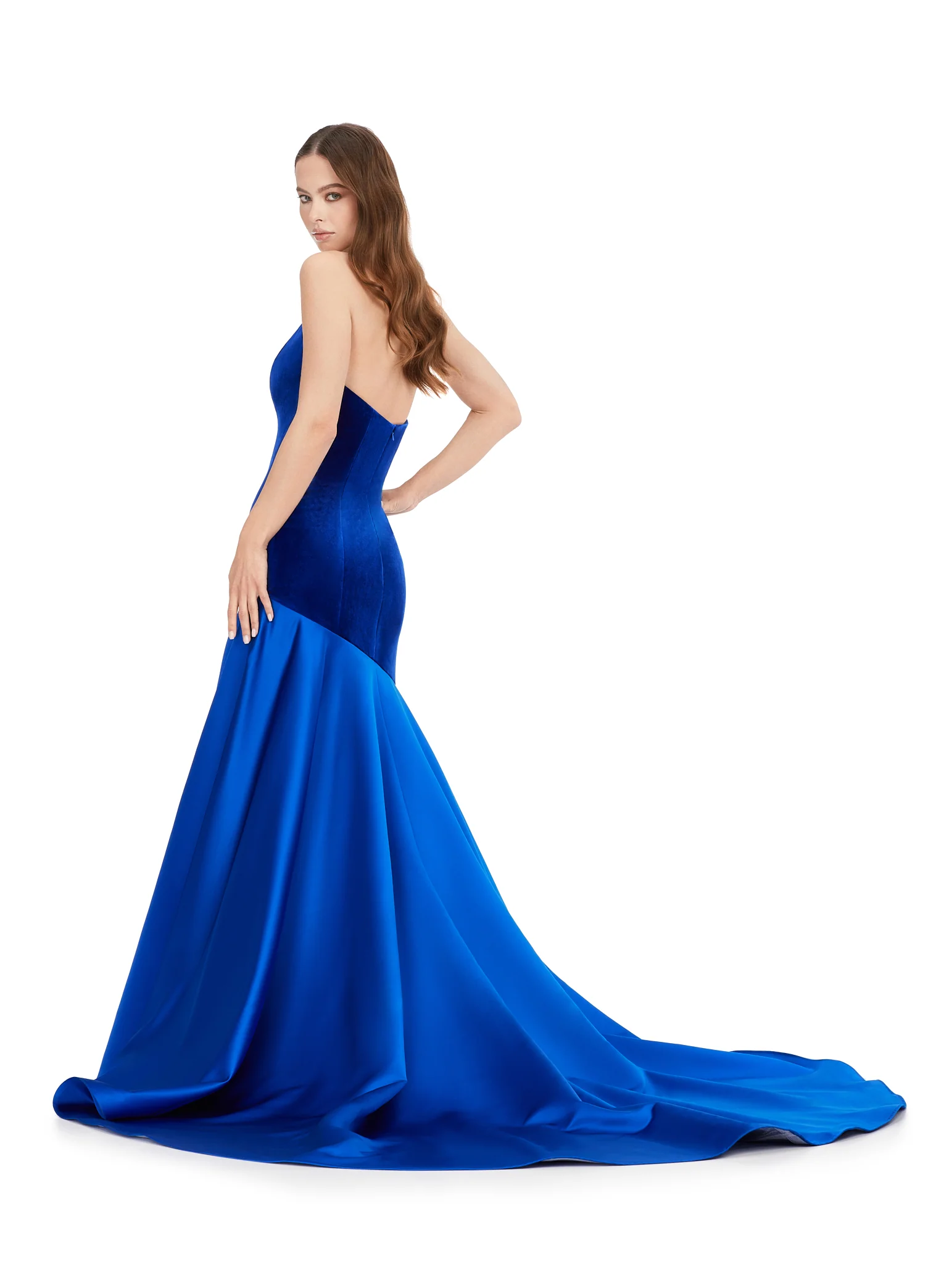 Ashley Lauren 11264 Strapless Velvet Heavy Satin Asymmetrical Flare Skirt V-Neck Mermaid Formal Gown - Image 3