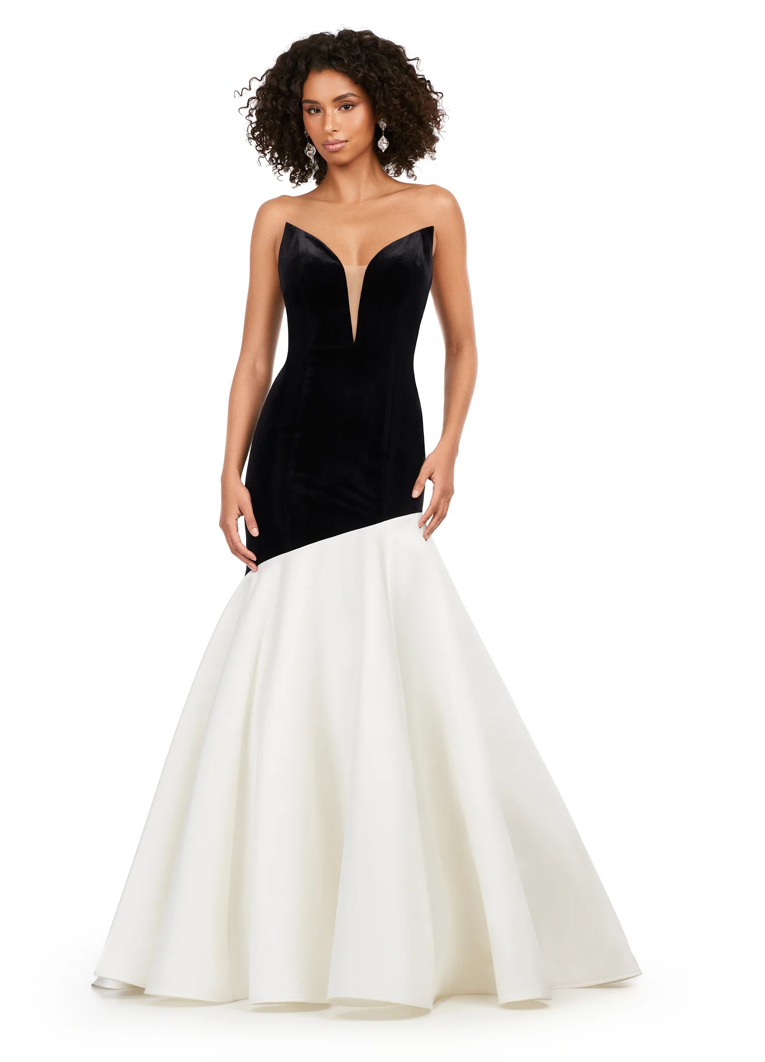 Ashley Lauren 11264 Strapless Velvet Heavy Satin Asymmetrical Flare Skirt V-Neck Mermaid Formal Gown - Image 4