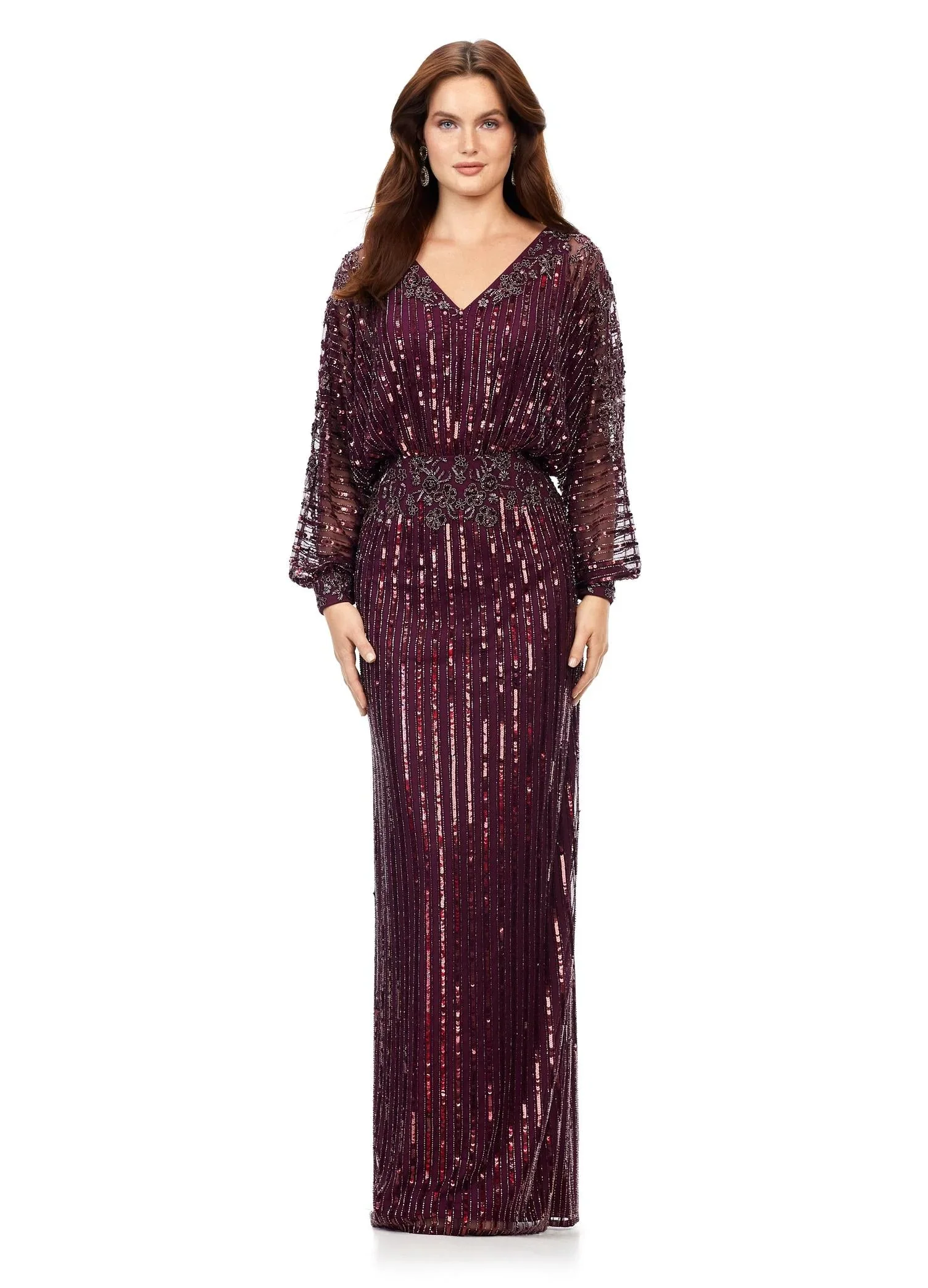 Ashley Lauren 11302 Dolman Sleeve V-Neck Fully Hand Beaded Floral Pattern Waistline Gown Formal Prom - Image 10