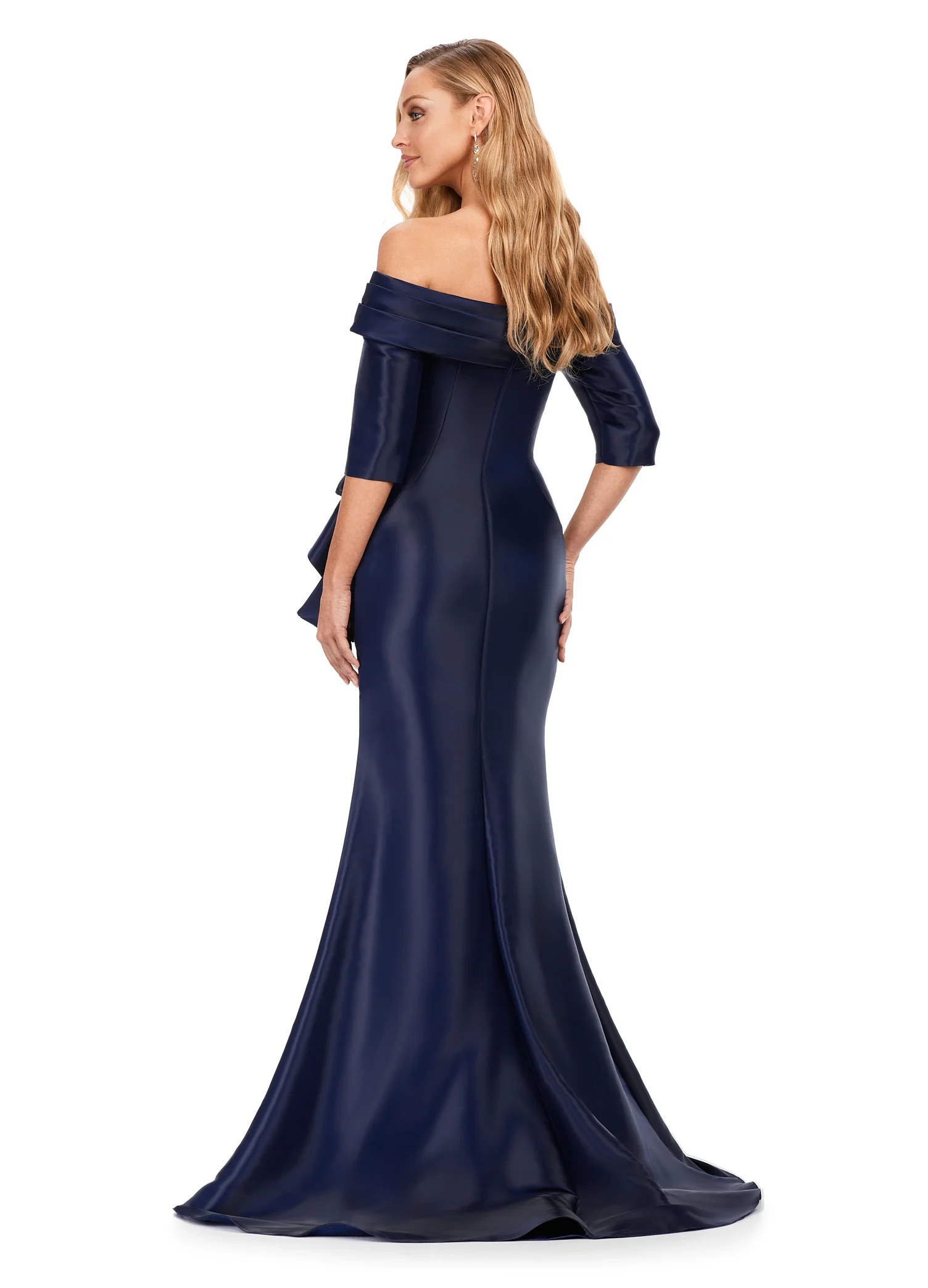 Ashley Lauren 11324 Phantom Satin Off The Shoulder Ruffle Detailing Mermaid Fitted Silhouette Evening Dress Long Prom Pageant - Image 3