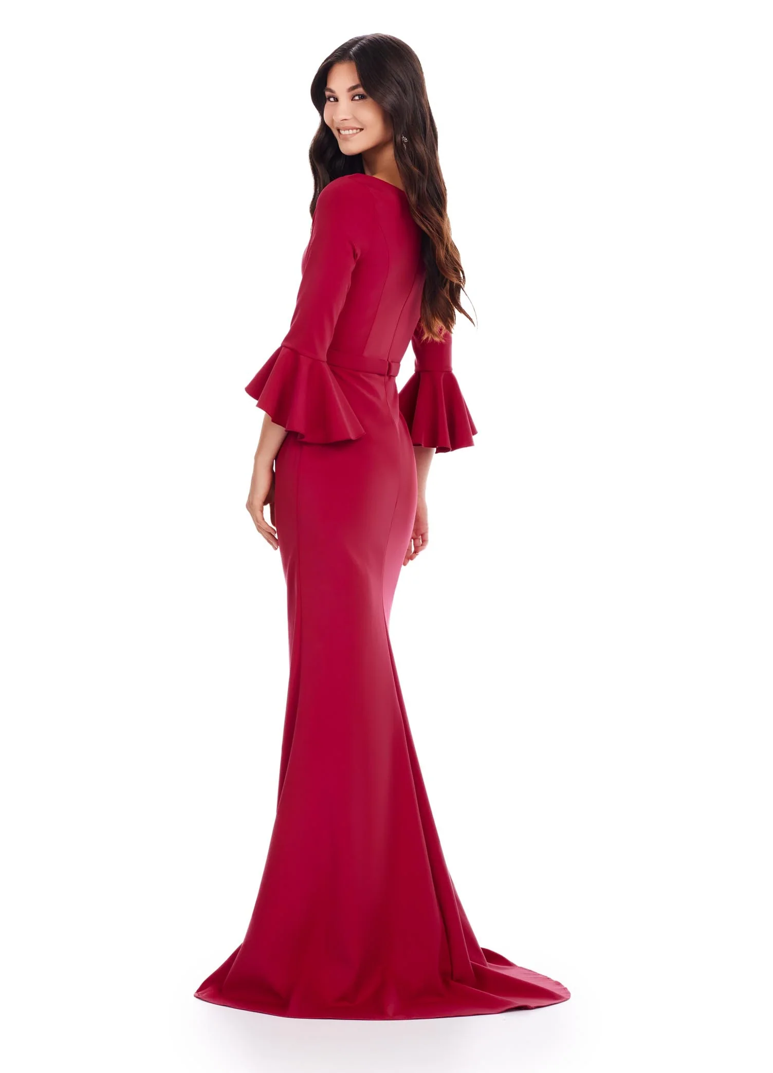 Ashley Lauren 11325 Crew Neck Three Quarter Flutter Sleeves Ruched Skirt Fitted Gown - Image 11