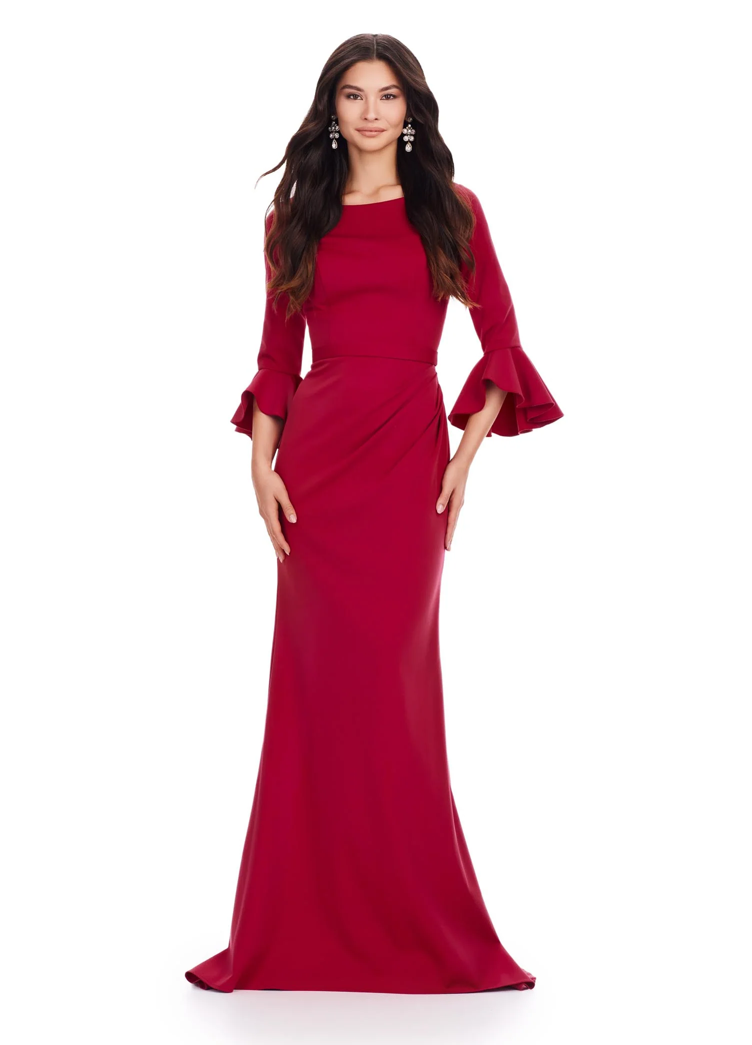 Ashley Lauren 11325 Crew Neck Three Quarter Flutter Sleeves Ruched Skirt Fitted Gown - Image 12