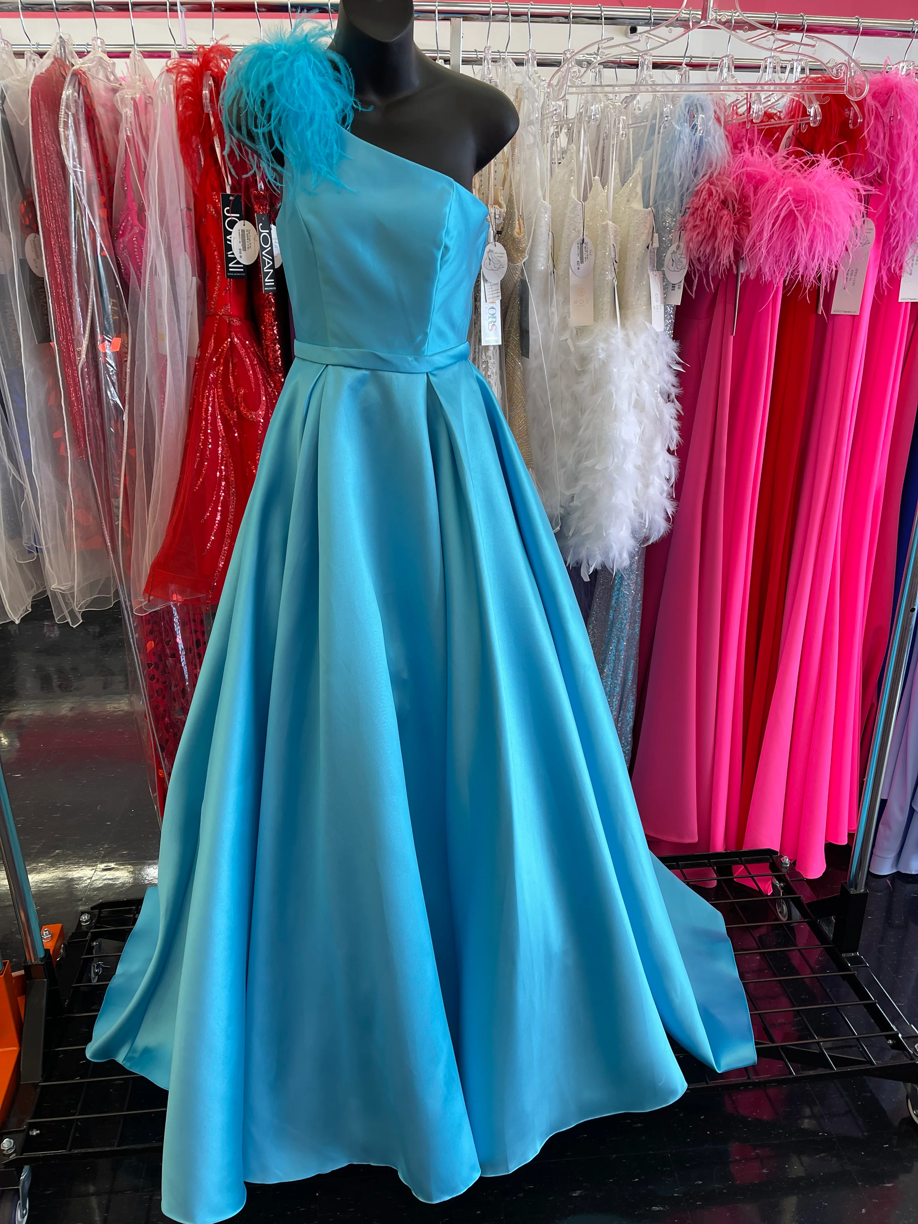 Ashley Lauren 11336 size 0 Turquoise One shoulder Prom Dress A line Feather Trim Shoulder Ballgown - Image 4