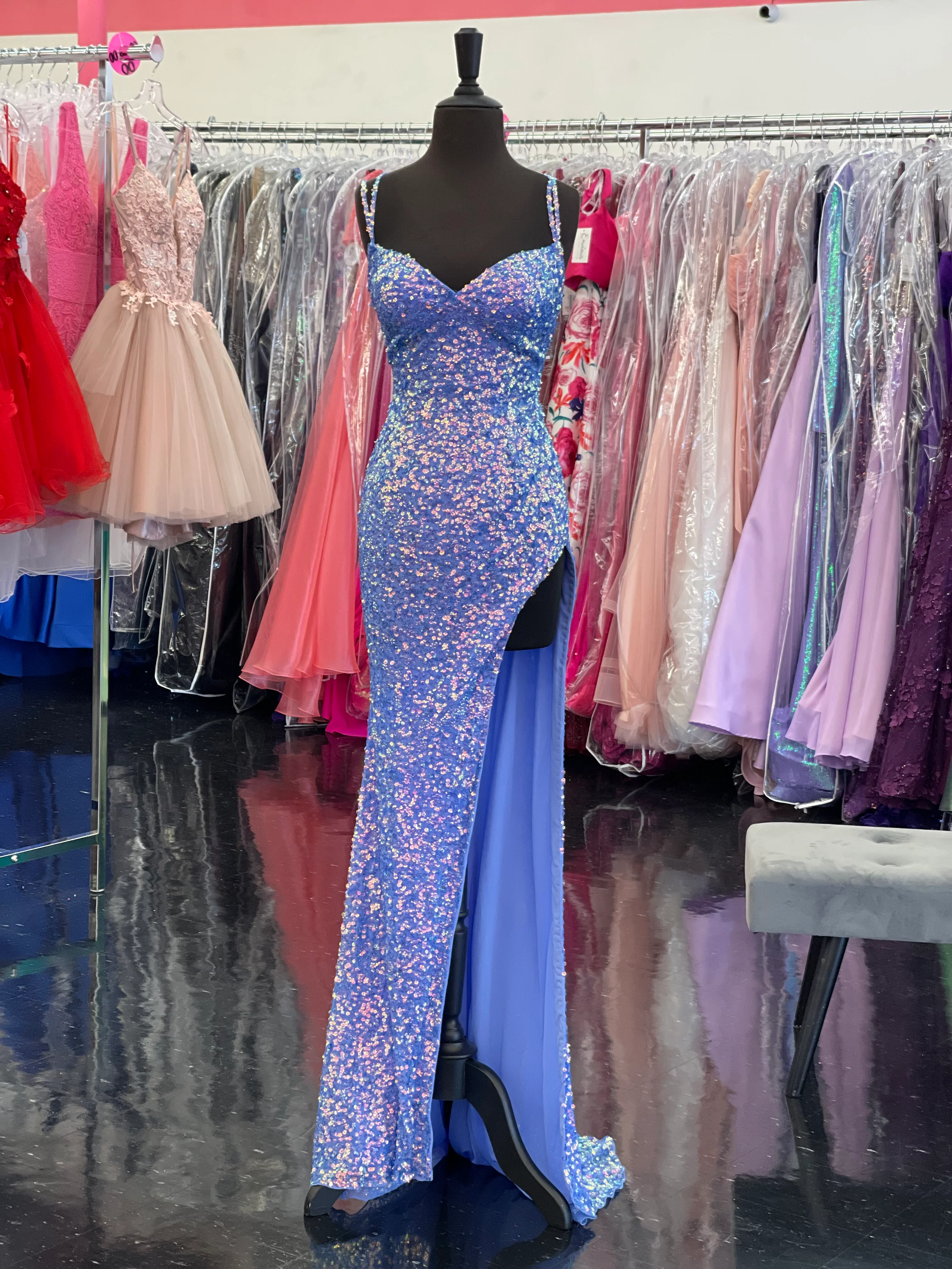 Ashley Lauren 11342 Periwinkle Size 4 Long Sequin Prom Dress High Slit V Neckline Evening Gown - Image 5