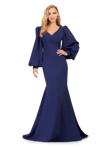 Ashley Lauren 11345 Long Evening Gown V-Neckline Dress with Bishop Sleeves Formal - Image 10