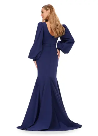 Ashley Lauren 11345 Long Evening Gown V-Neckline Dress with Bishop Sleeves Formal - Image 11