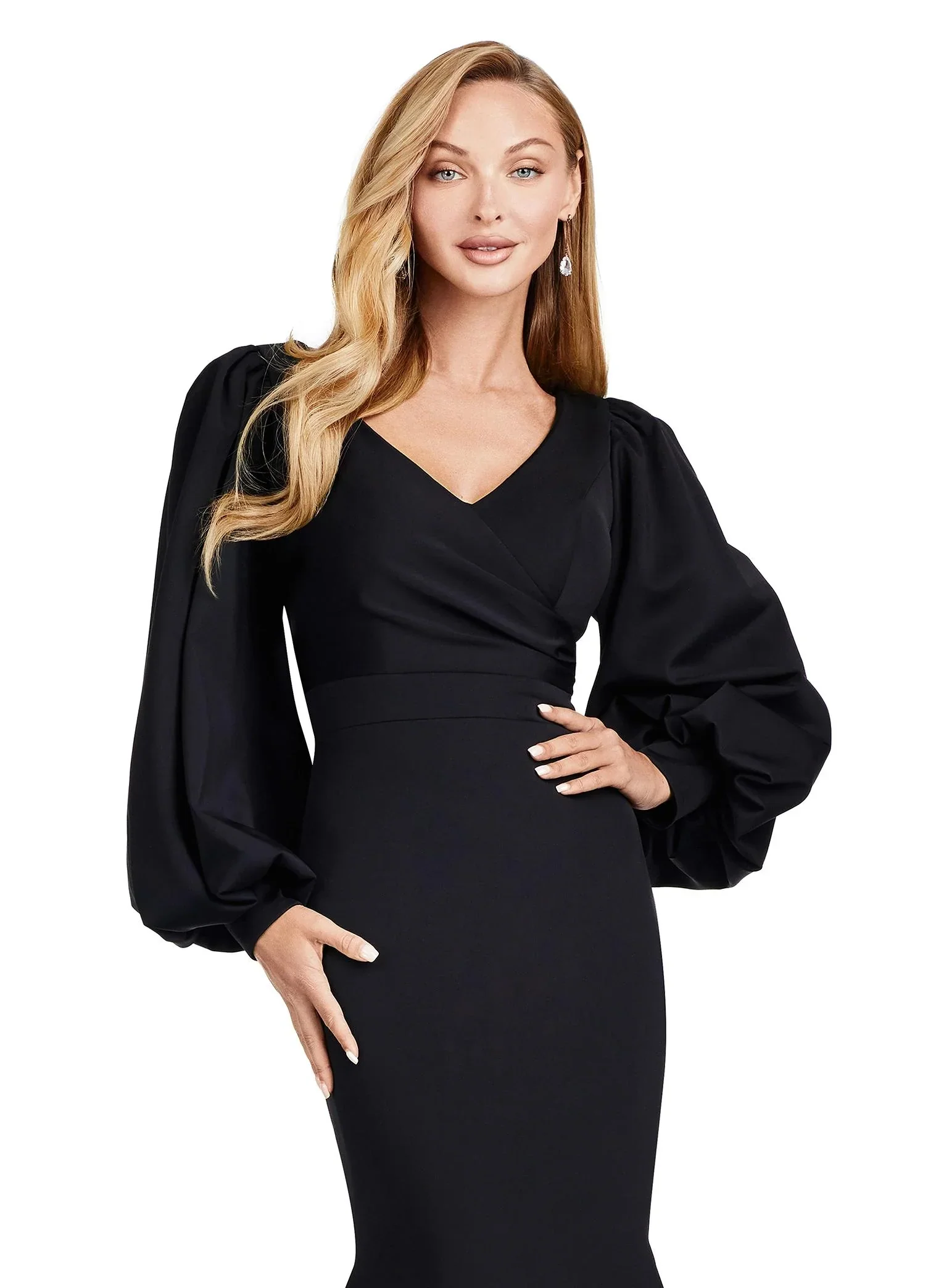 Ashley Lauren 11345 Long Evening Gown V-Neckline Dress with Bishop Sleeves Formal - Image 12