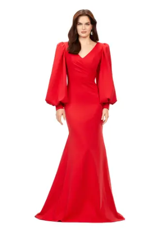 Ashley Lauren 11345 Long Evening Gown V-Neckline Dress with Bishop Sleeves Formal - Image 4