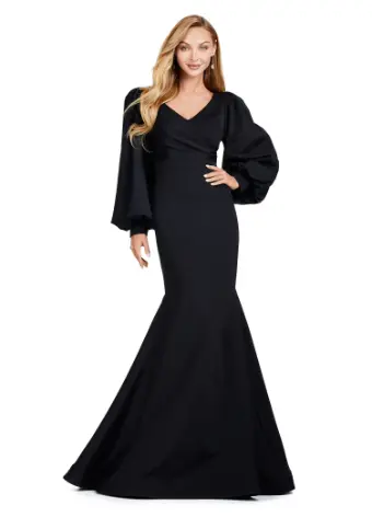 Ashley Lauren 11345 Long Evening Gown V-Neckline Dress with Bishop Sleeves Formal - Image 6
