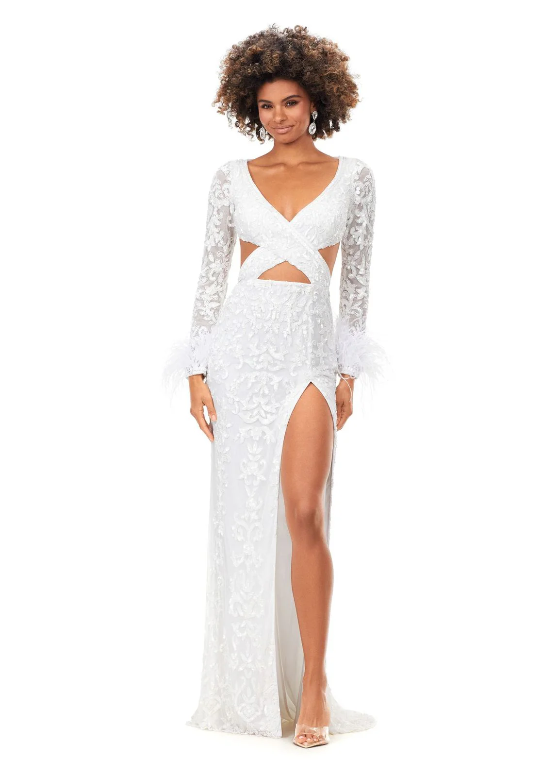 Ashley Lauren 11364 Long Prom Dress Criss Cross Bodice Beaded Gown Sleeves Feather Formal Pageant - Image 3