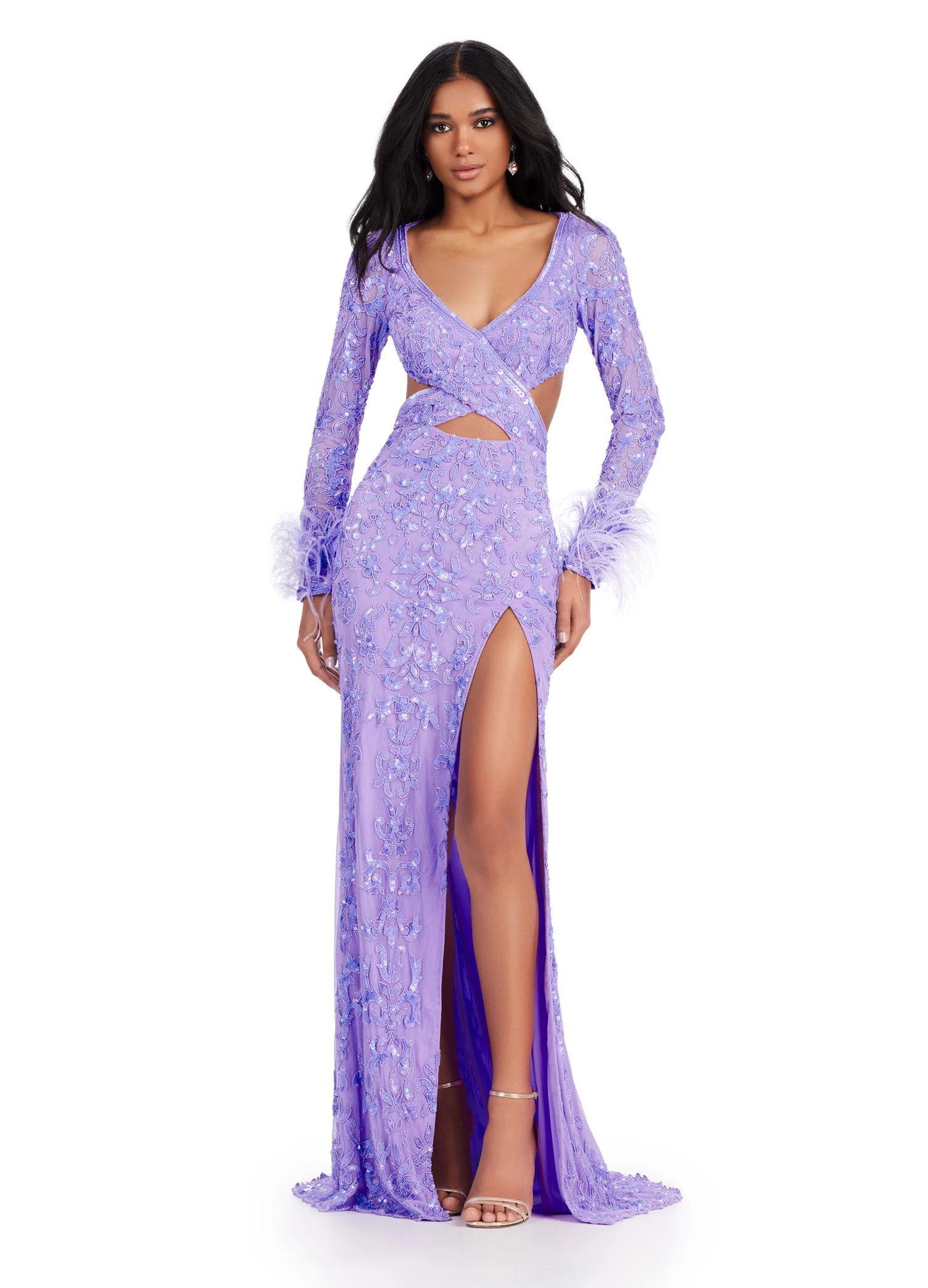 Ashley Lauren 11364 Long Prom Dress Criss Cross Bodice Beaded Gown Sleeves Feather Formal Pageant - Image 6