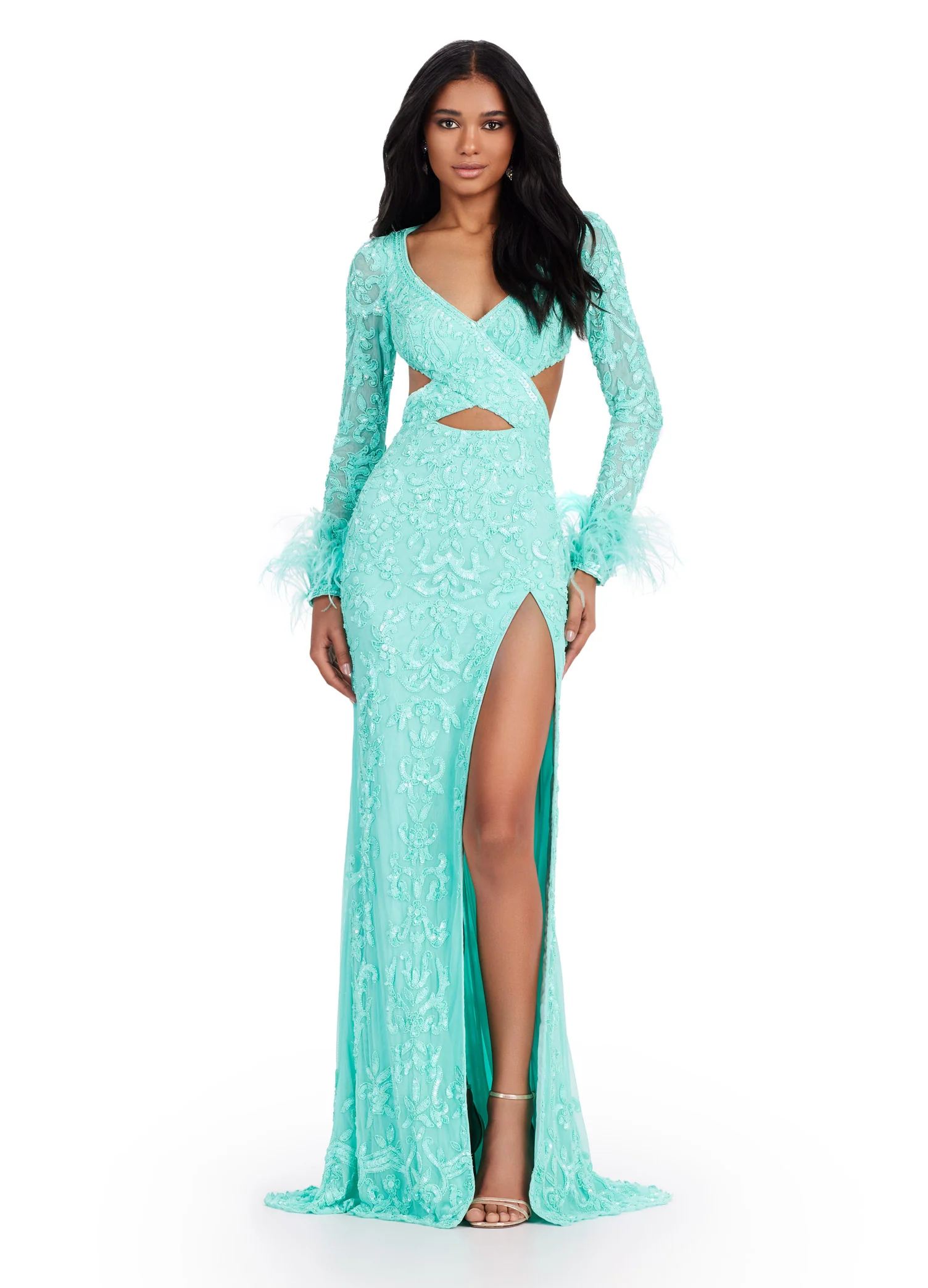 Ashley Lauren 11364 Long Prom Dress Criss Cross Bodice Beaded Gown Sleeves Feather Formal Pageant - Image 7
