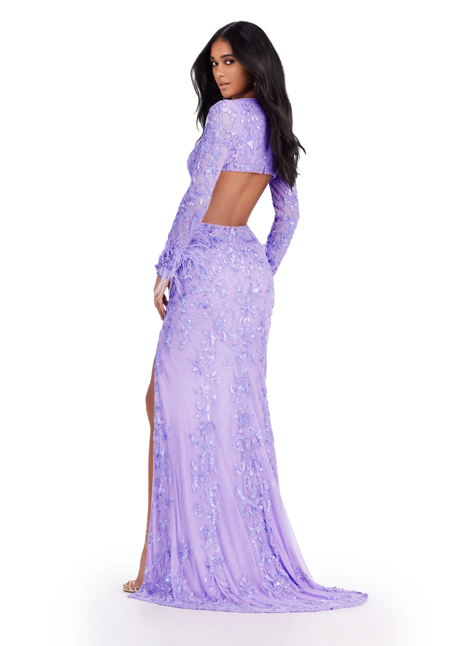 Ashley Lauren 11364 Long Prom Dress Criss Cross Bodice Beaded Gown Sleeves Feather Formal Pageant - Image 8