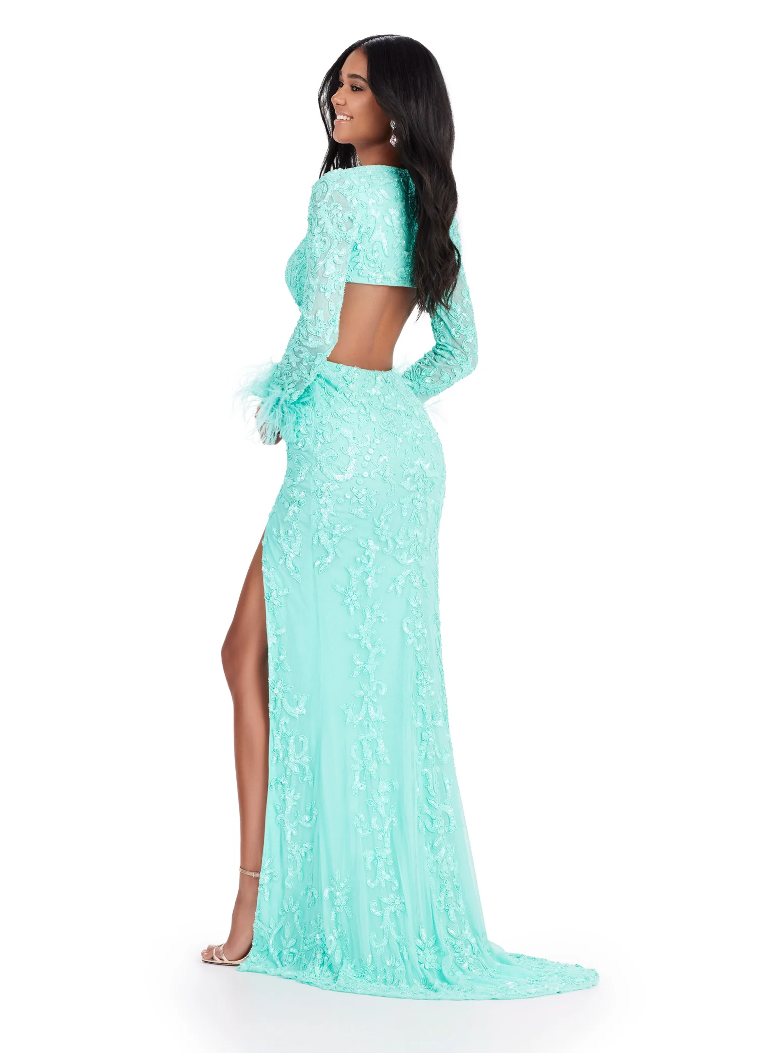 Ashley Lauren 11364 Long Prom Dress Criss Cross Bodice Beaded Gown Sleeves Feather Formal Pageant - Image 9