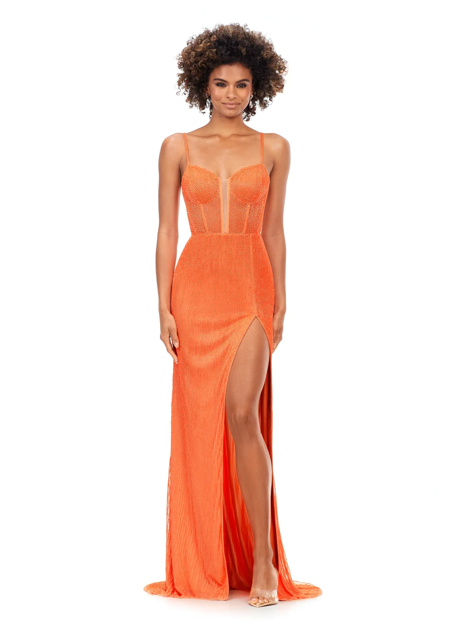 Ashley Lauren 11369 Size 12 CORAL Liquid beading Prom Pageant Dress Corset Gown