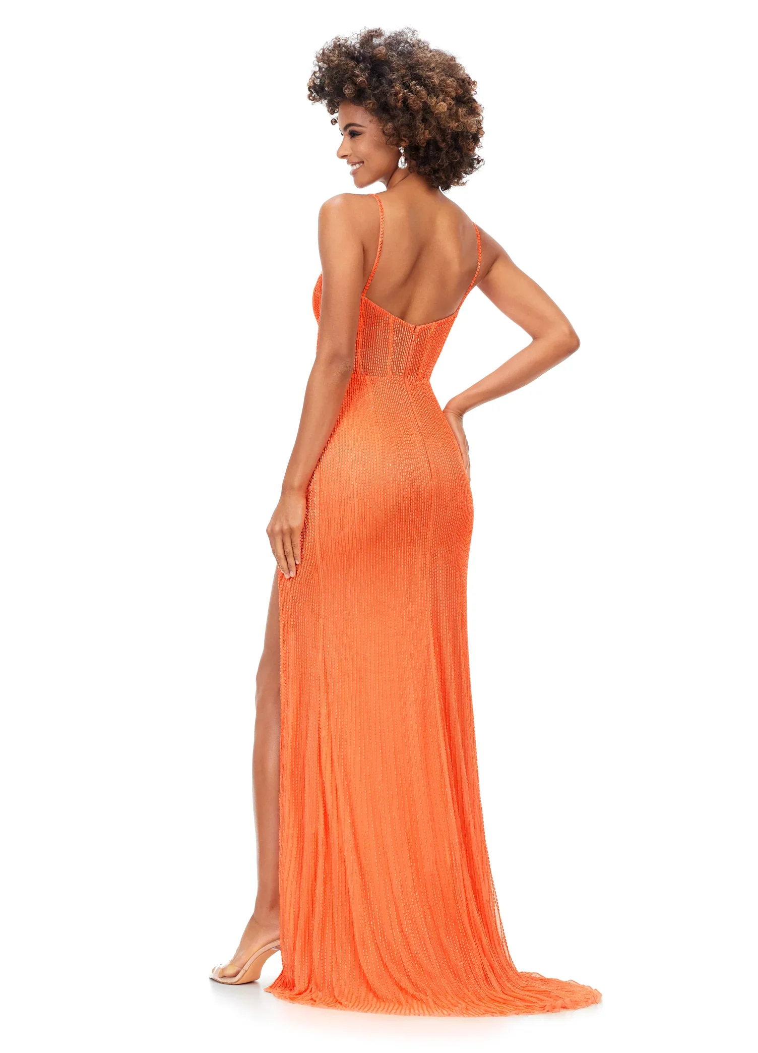 Ashley Lauren 11369 Size 12 CORAL Liquid beading Prom Pageant Dress Corset Gown - Image 2