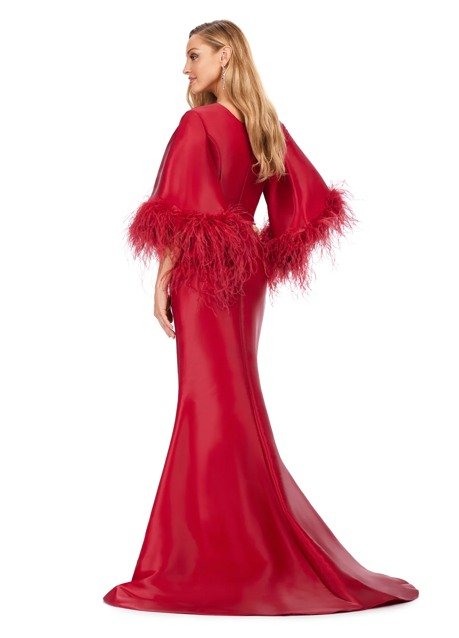 Ashley Lauren 11381 Fit And Flare Dress With Feather Sleeves Scoop Neckline Phantom Satin Formal Dress Prom - Image 5