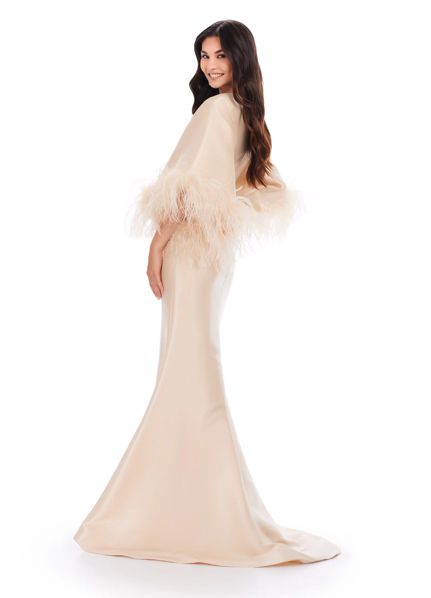 Ashley Lauren 11381 Fit And Flare Dress With Feather Sleeves Scoop Neckline Phantom Satin Formal Dress Prom - Image 6