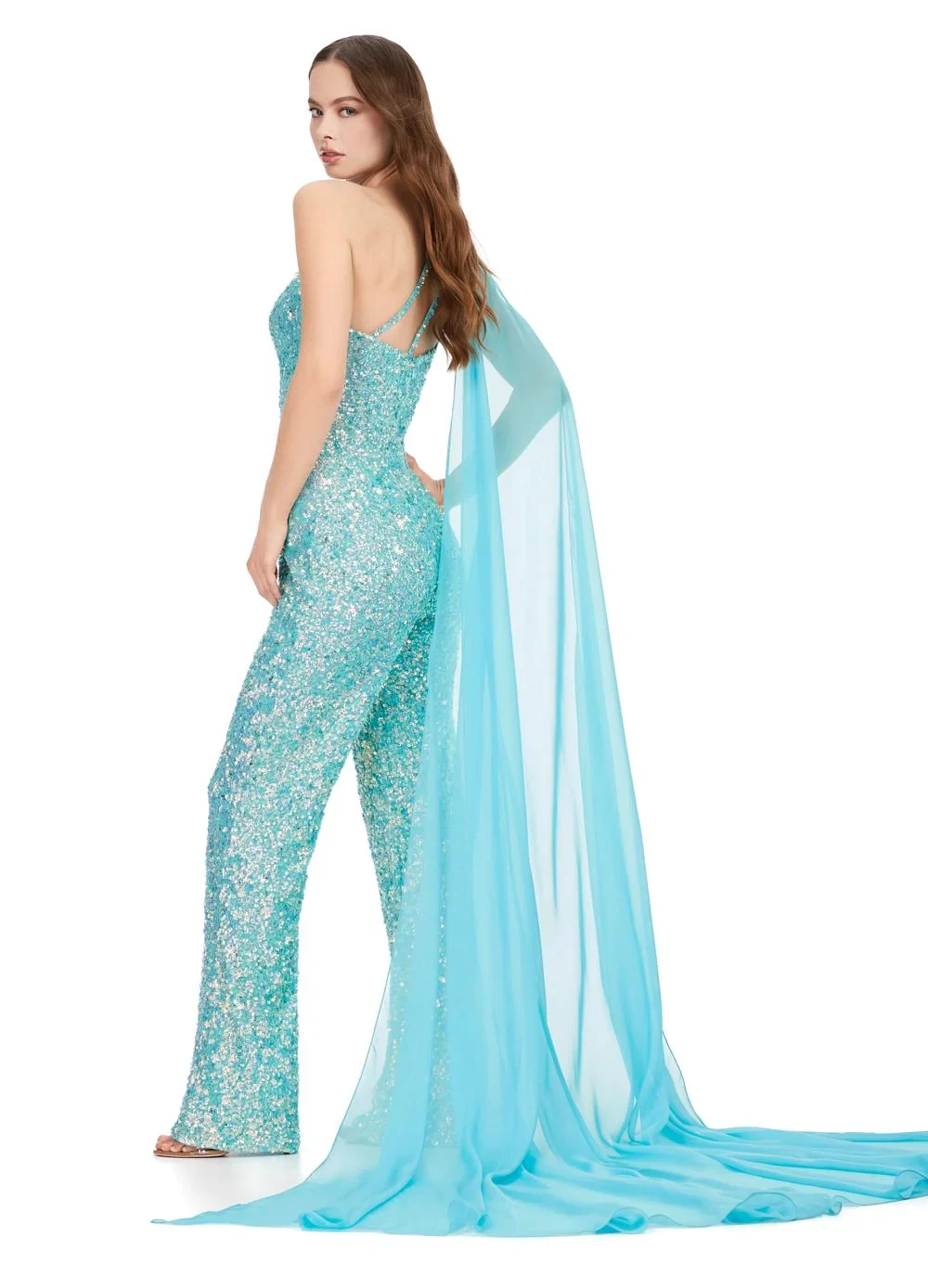 Ashley Lauren 11384 Fully Beaded With Removable Chiffon Cape One Shoulder Open Back Jumpsuit Prom Formal - Image 6