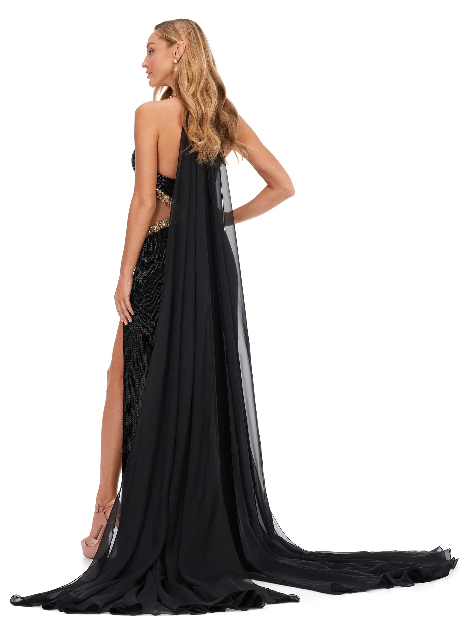 Ashley Lauren 11399 Liquid Beaded Pageant Gown with Cape - Image 5