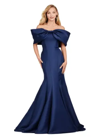 Ashley Lauren 11413 Evening Gown Mermaid Dress Off Shoulder Double Faced Satin Gown Oversized Bow Formal