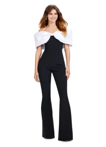 Ashley Lauren 11414 Off Shoulder Scuba Jumpsuit with Oversized Bow Formal Prom - Image 3