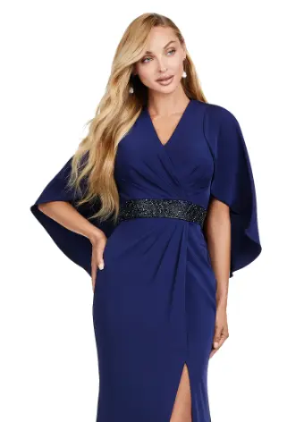 Ashley Lauren 11416 Long Prom Dress Crepe Gown Beaded Belt  Overlay Slit Formal Pageant - Image 3