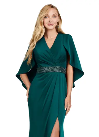 Ashley Lauren 11416 Long Prom Dress Crepe Gown Beaded Belt  Overlay Slit Formal Pageant - Image 9