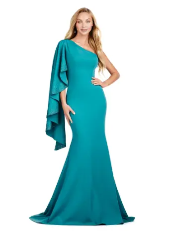 Ashley Lauren 11421 Long Evening Dress Fitted One Shoulder Mother of Gown Cascading Ruffle Sleeve Formal Pageant - Image 2
