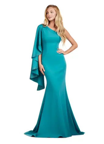 Ashley Lauren 11421 Long Evening Dress Fitted One Shoulder Mother of Gown Cascading Ruffle Sleeve Formal Pageant - Image 7