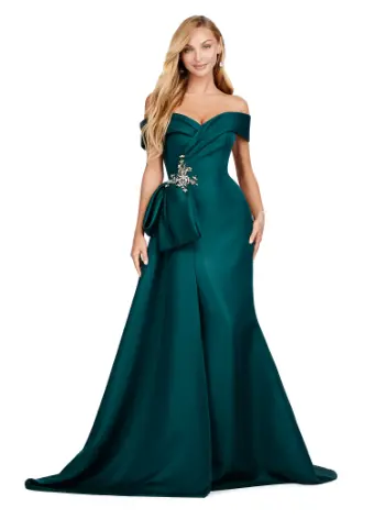 Ashley Lauren 11425 Long Evening Dress Off Shoulder Fitted Satin Mother of Dress Overskirt Formal - Image 3