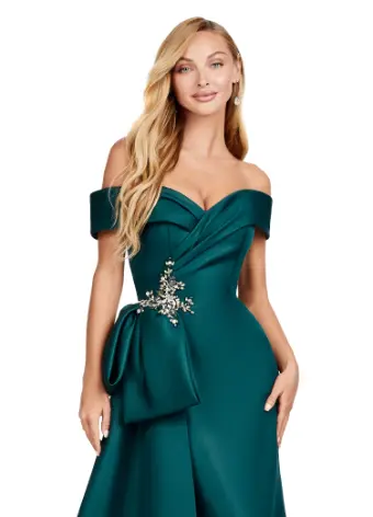 Ashley Lauren 11425 Long Evening Dress Off Shoulder Fitted Satin Mother of Dress Overskirt Formal - Image 9