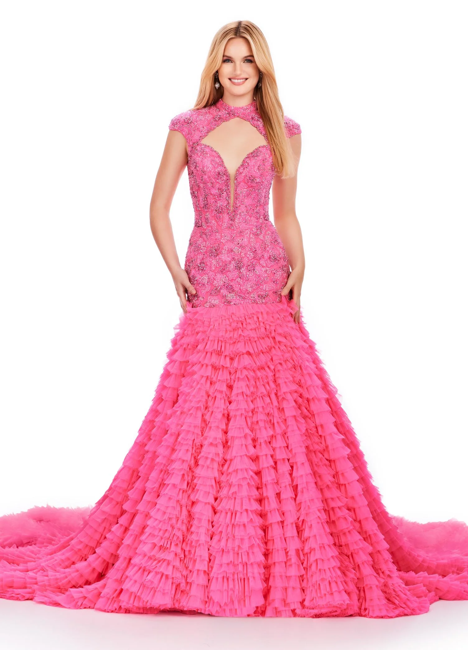 Ashley Lauren 11428 Crystal Beaded Backless Pageant Dress Bridal Mermaid Ruffle Tier Long Prom - Image 3