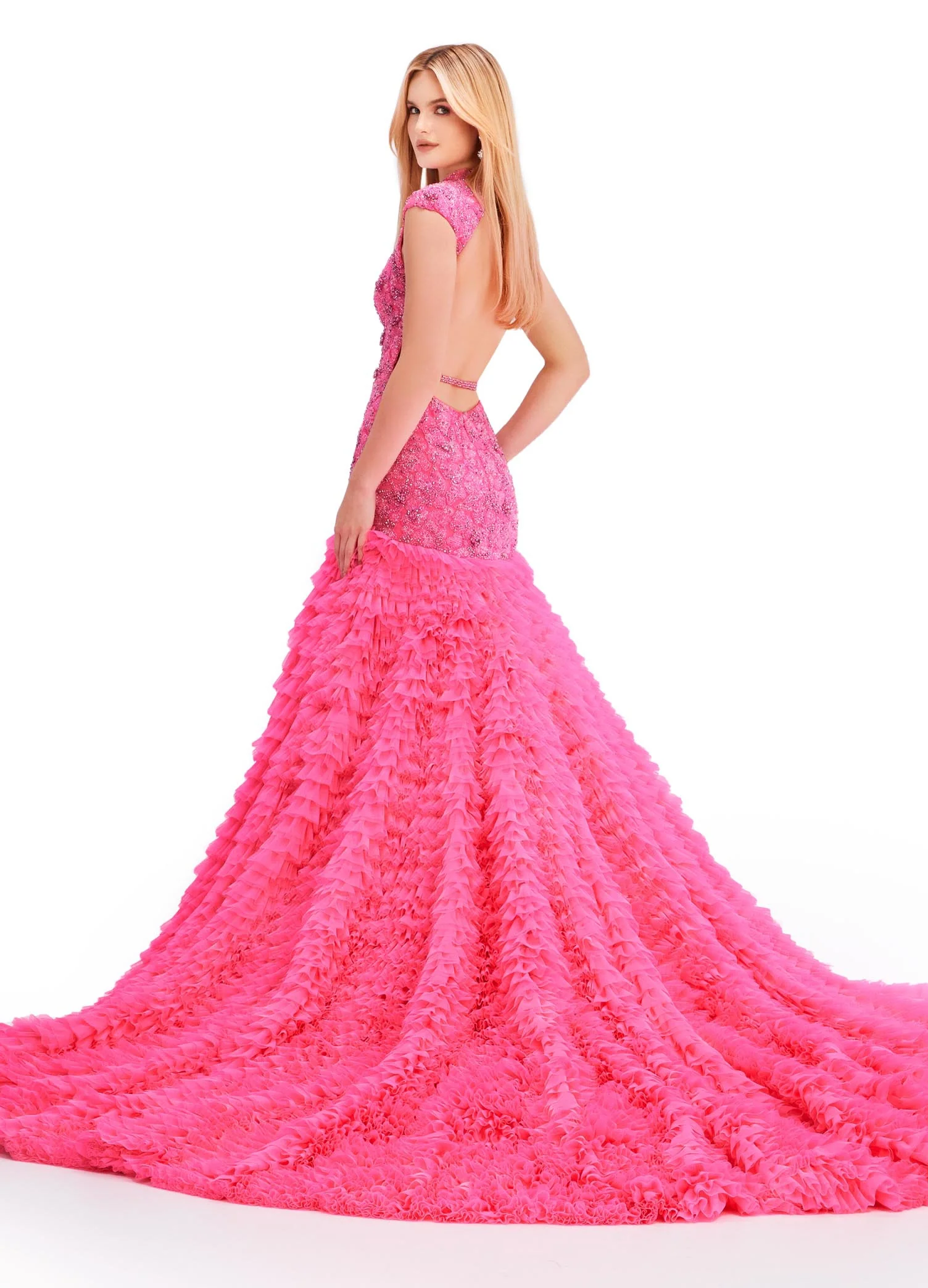 Ashley Lauren 11428 Crystal Beaded Backless Pageant Dress Bridal Mermaid Ruffle Tier Long Prom - Image 4