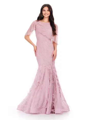 Ashley Lauren 11431 Long Prom Mermaid Dress Beaded Evening Gown Asymmetrical Cape Formal Pageant - Image 2