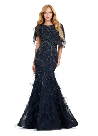 Ashley Lauren 11431 Long Prom Mermaid Dress Beaded Evening Gown Asymmetrical Cape Formal Pageant - Image 3